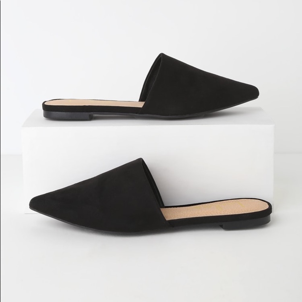 NIB Lulus Lorena Black Suede Pointed Toe Slides
